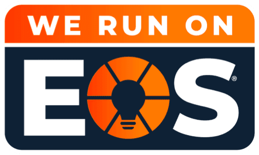 Logo with the phrase 'We Run on EOS' in bold white text on a dark blue background. The 'O' in 'EOS' features an orange lightbulb design.