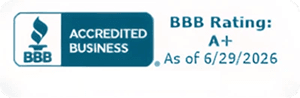 BBB Accredited Business badge showing an A+ rating as of 6/29/2026, featuring the BBB logo.